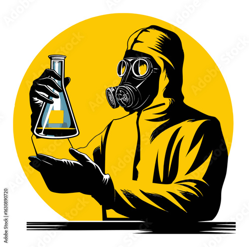 Scientist with Gas Mask Holding Laboratory Flask in Bold Graphic Style