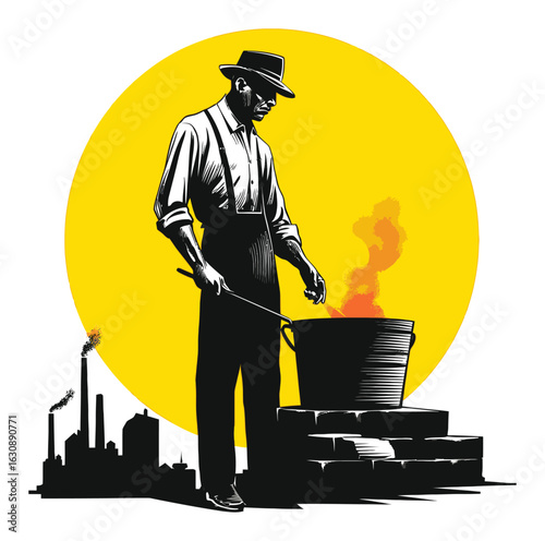 Retro Illustration of a Blacksmith with Industrial Background and Yellow Sun