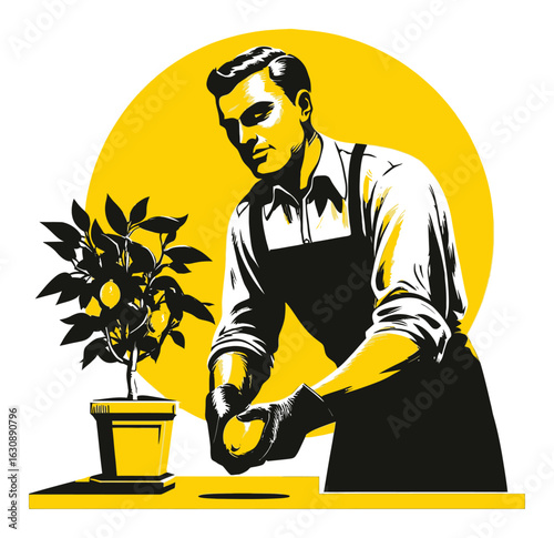 Vintage Gardener with Plant Against Modern Yellow Background Illustration