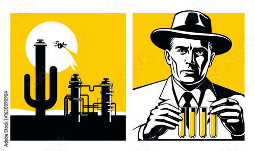 Vintage Laboratory Scene with Cactus and Drone Illustration in Yellow