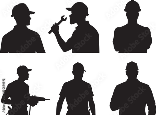 Skilled workers silhouettes with tools and equipment for construction