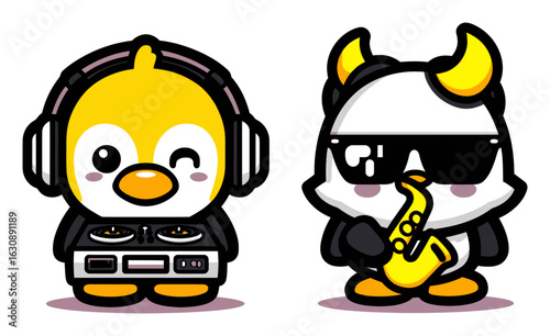 Cute Cartoon Characters with DJ Penguin and Saxophone Panda for Fun