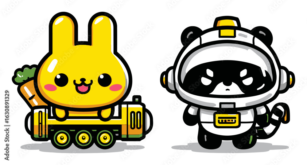 Obraz premium Cute Cartoon Characters on Train Featuring Bunny and Panda Astronaut
