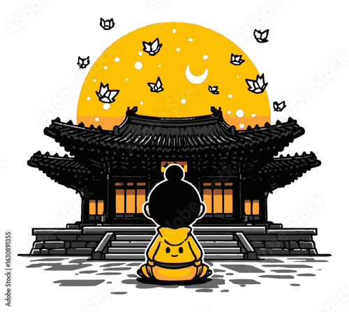 Cartoon Child Meditating in Front of Traditional Asian Temple at Sunset