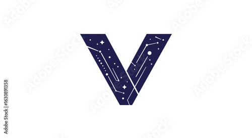 Letters of the alphabet letter v logo design with constellation theme for astronomy brand identity and cosmic technology company vector