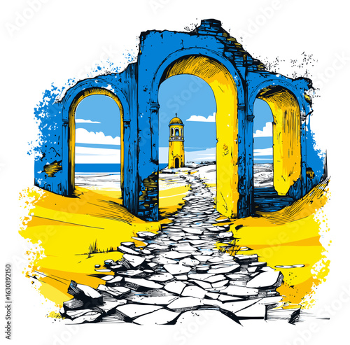 Vibrant Hand-Drawn Illustration of Archways and Lighthouse on Coastline