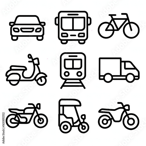 Simple Outline Handdrawn Transportation Vehicle Various Mode Line Art Icon