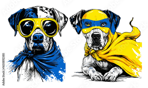 Playful Hand-Drawn Dog Illustration with Superhero Costume and Accessories