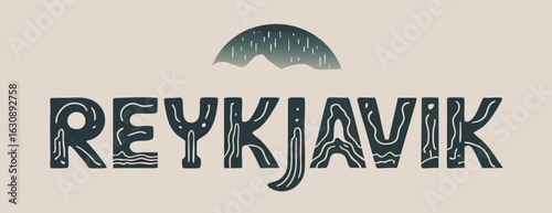 Reykjavik Iceland Vector Typography Illustration with Mountains and Rain, Modern Travel Poster Design, Minimalist Nordic Art