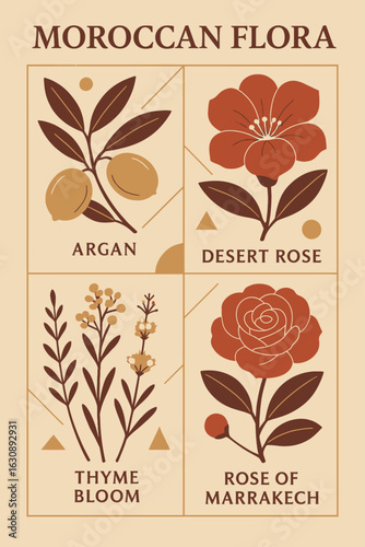 Stylized botanical illustration of Moroccan flora, featuring argan, desert rose, thyme bloom, and rose of Marrakech in a modern vintage design, perfect for educational, cultural, or decorative project