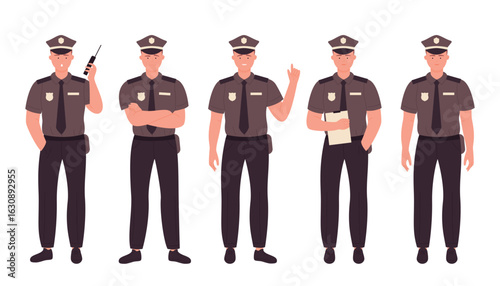 Group of male police officers in uniform showing different professional poses and gestures, suitable for law enforcement, safety, and authority concepts isolated on white background vector