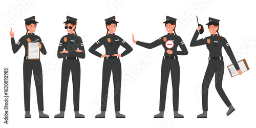 Female police officer in uniform showing different professional poses for law enforcement, security, and safety concepts, perfect for educational or informational use isolated on white background