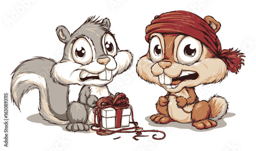 Cute Cartoon Animals with Gift and Expressions in Hand-Drawn Style