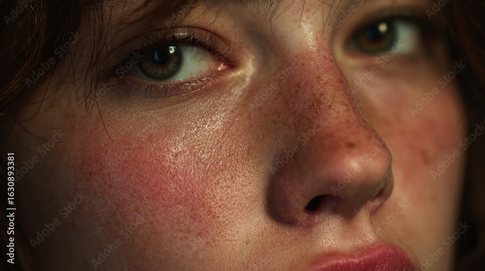 Fototapeta premium close-up of her face showing glassy eyes, slightly downturned lips, and subtle tension, authentic and poignant