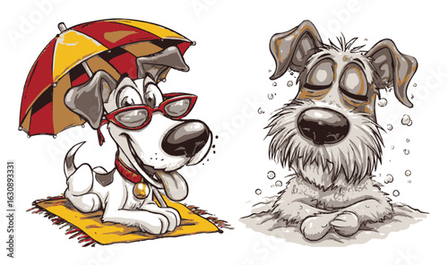 Cute Cartoon Dogs Relaxing Under Umbrella and Enjoying a Day at the Beach