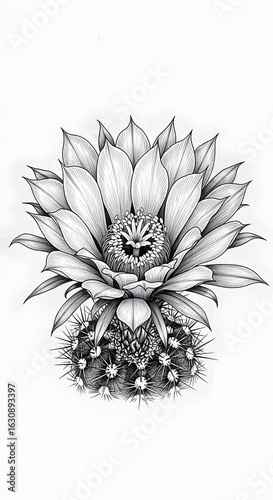 Black and White Botanical Illustration of a Cactus with Flower