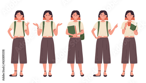 Young student girl in casual outfit showing different poses and emotions with books and backpack, perfect for education, learning, or school concepts on isolated white background vector illustration