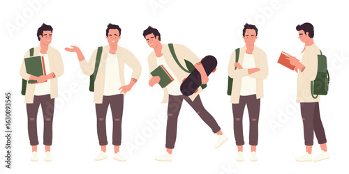 Young male student in casual outfit holding books and backpack in various standing poses on white background perfect for education youth lifestyle concepts isolated vector illustration