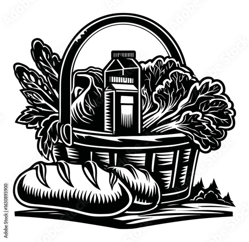 Black and White Engraving of a Basket with Fresh Produce and Dairy