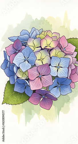 Colorful Hydrangea Flowers Illustration with Green Leaves on White Background