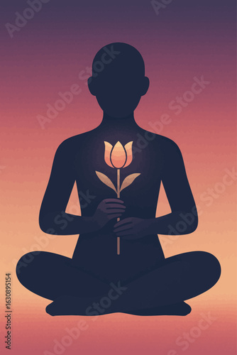 Minimalist illustration of a meditating person holding a glowing tulip at heart center, symbolizing mindfulness, inner peace, and spiritual growth, perfect for wellness, meditation, and inspirational 