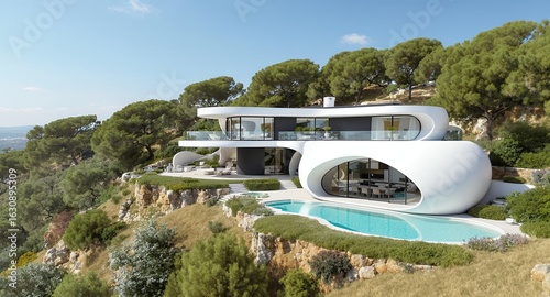 Futuristic Villa with Infinity Pool Overlooking Mediterranean Landscape