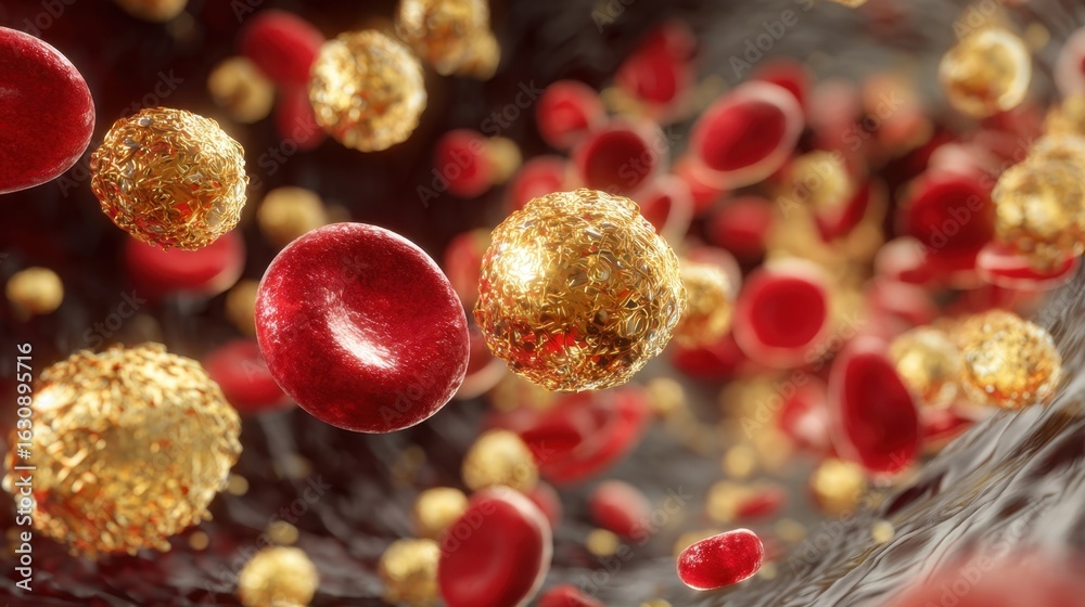 Obraz premium Dynamic macro view of bloodstream crowded with shimmering gold LDL molecules highlighting high cholesterol impact on vascular health.