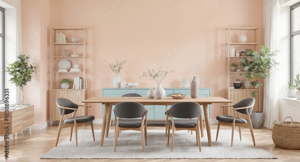 Fototapeta premium Bright Dining Room Interior with Wooden Table, Chairs, and Shelving Units