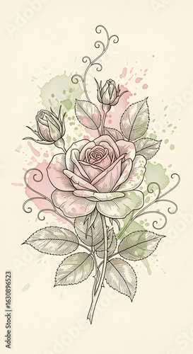 Elegant Floral Rose Sketch with Watercolor Splashes in Soft Pastel Colors