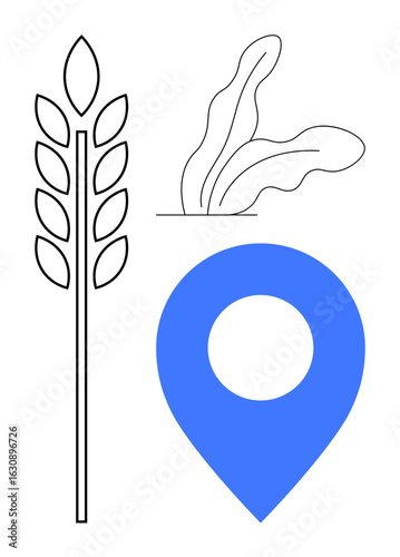 Agriculture concepts featuring wheat stalk, lettuce leaves, and blue location pin. Ideal for farming, agritech, GPS mapping, sustainability, food supply crop tracking rural development. Simple flat