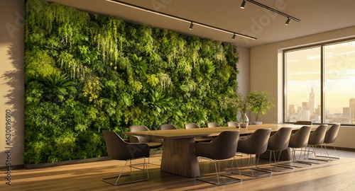 Modern Conference Room with Lush Green Wall and City View