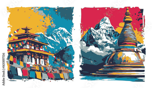 Vibrant Abstract Illustration of Himalayan Landscape and Buddhist Stupa