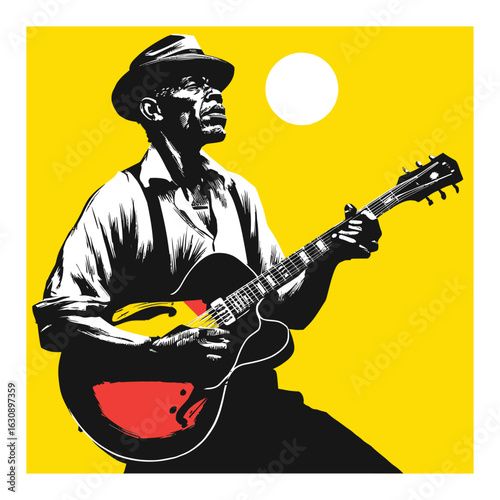 Vintage Guitar Player Under Sun Illustrating Musical Heritage and Culture