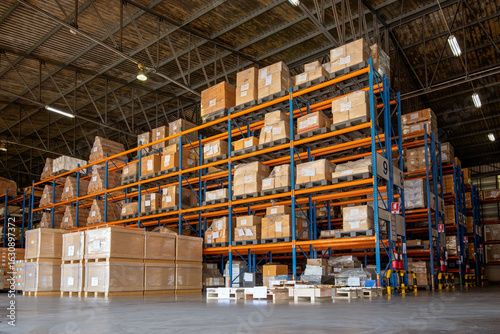 Shelf rack full of cartons at logistics warehouse