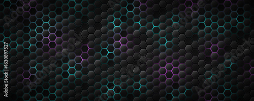 Cyber black hexagon pattern with blue and purple neon highlights. Futuristic hi-tech design for technology presentation, digital gaming interfaces or cybersecurity background. Vector illustration.