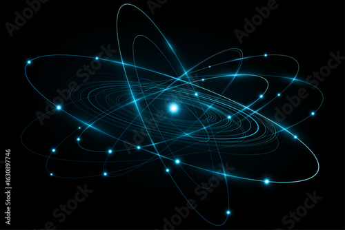 Abstract atomic structure for scientific research presentation background. Glowing atom featuring blue elliptical rings circling a radiant central core on black background. Vector illustration.