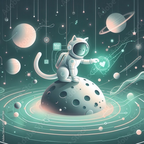 A whimsical Christmas vector illustration shows a snowman on a broom, flying through the starry night sky past the moon and Earth