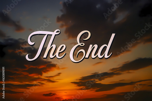Eloquent “The End” Script Overlay on Sunset Sky perfect for unique ending slide for presentations or videos closing frame.