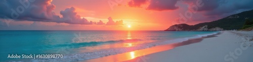Fiery orange and pink sunrise reflects on calm turquoise water, white sand beach , sun, light