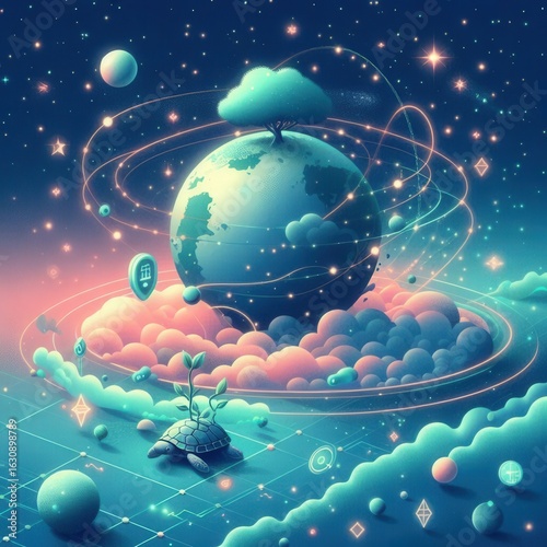 Shiny glass sphere with stars, snow, and a planet earth design for a new year celebration card