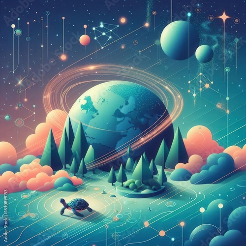 Global vector illustration of Earth with blue water and sunlight in space