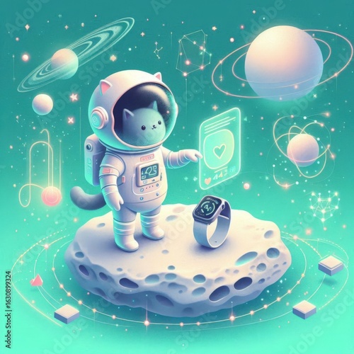 Vector cartoon illustration of an astronaut on the moon with a snowman, snowflakes, and a spaceship celebrating Christmas and New Year