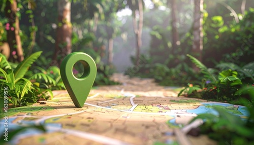 A green location pin marks a path through a lush tropical jungle on a map