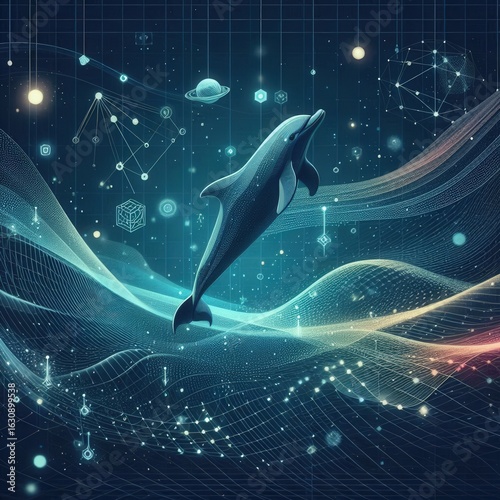 Abstract underwater wildlife silhouettes swim through a virtual fractal realm of blue ocean waves