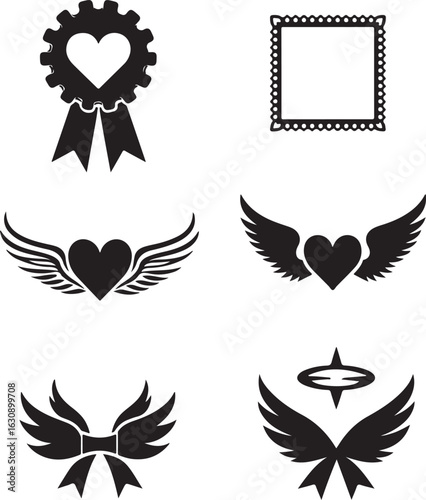 Elegant award ribbon, frame, hearts with wings, and halo designs