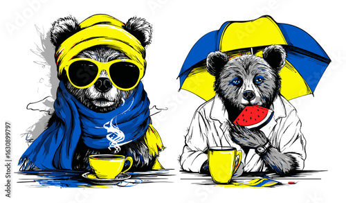 Fun Hand-Drawn Illustration of Bears Enjoying Summer with Umbrellas