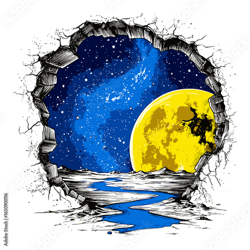 Hand-Drawn Abstract Illustration of a Hole in the Wall to a Cosmic Scene