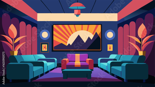 A home theater room with a plush velvet sectional sofa a large screen and walls adorned with bold art deco style prints.