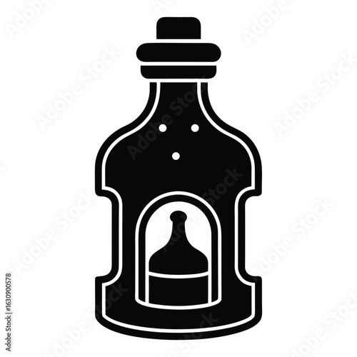 Black silhouette of a vintage bottle with a stopper and internal compartment white