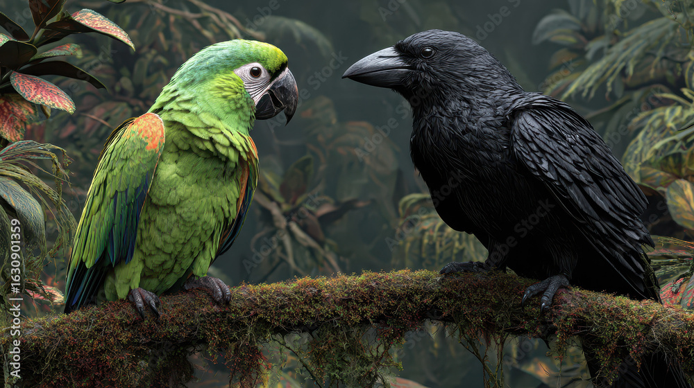 Obraz premium Green parrot and black raven perched face to face on moss-covered branch